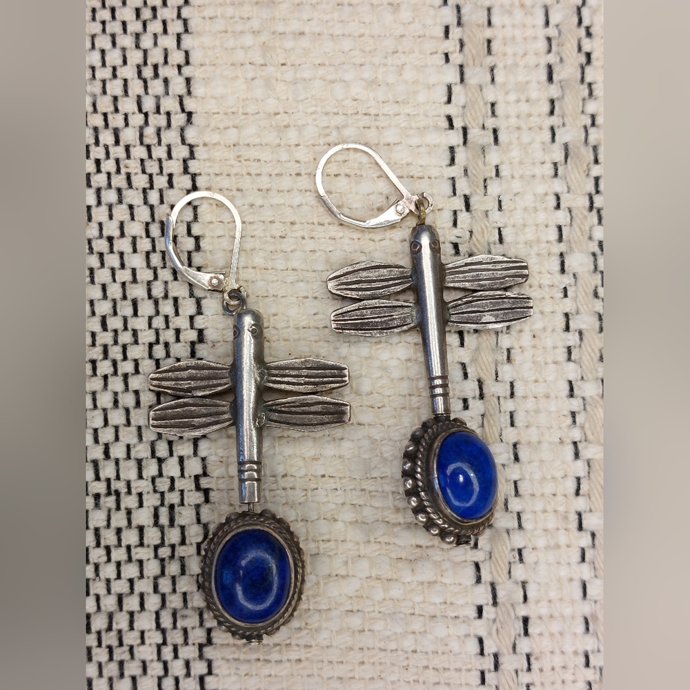 Vintage Sterling Silver Lapis Dragonfly Earrings Double-Sided Rotating Design - Picture 4 of 11